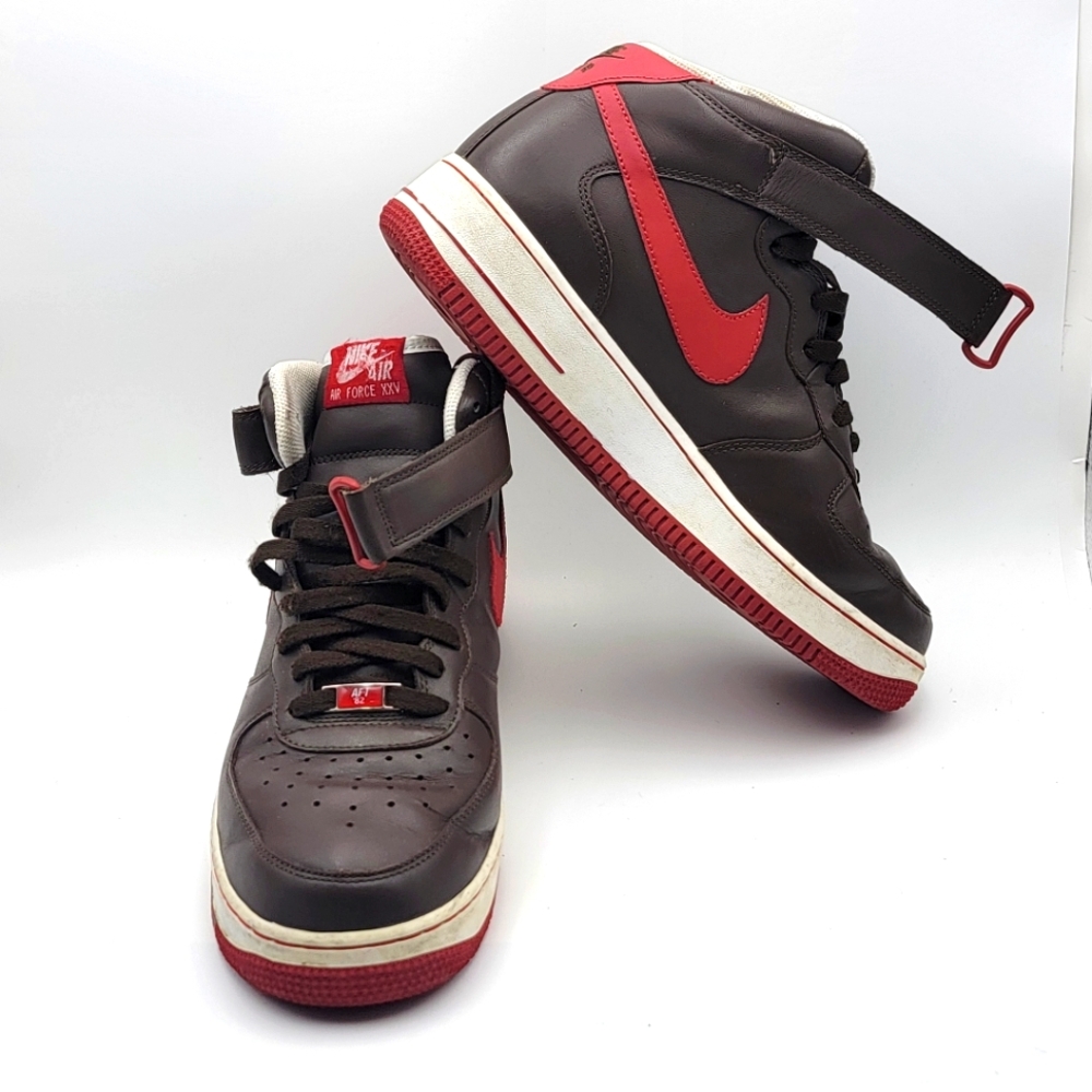 Men's Nike Air Force 1 Dark Brown and Red Leather High-Top Sneakers Size 9.5. #1